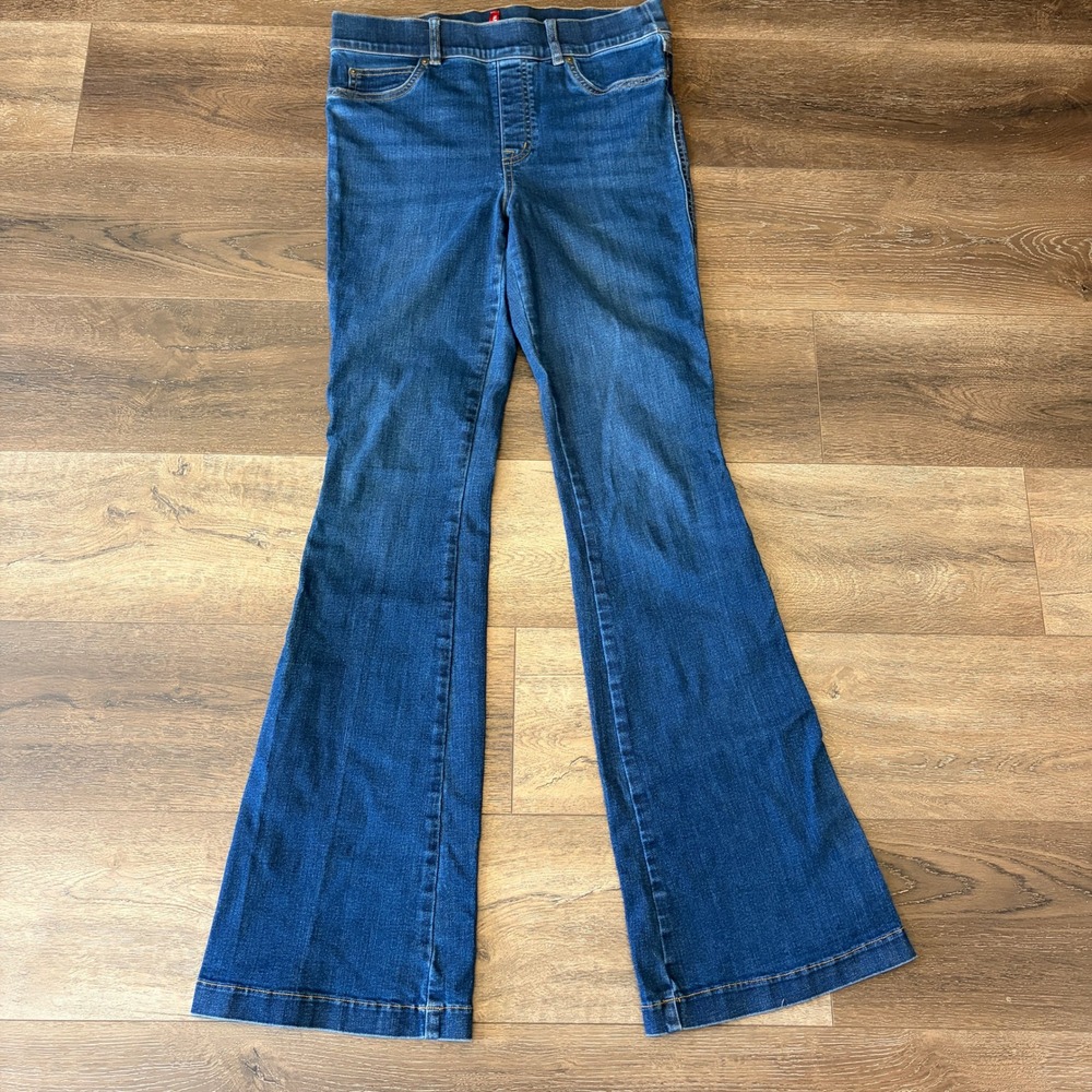 Spanx Flare Jeans Women M Blue Pull On High Rise Stretch Denim Tummy Control